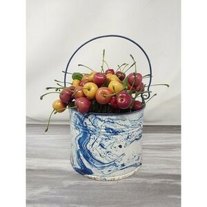 Artificial Cherries Fruit Decor Photo Props Red‎ Blue Metal Pail VINTAGE Granny